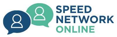 Speed Network Online Logo - Two Speech Bubbles, Outline of Two headshots